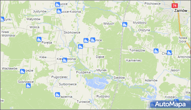 mapa Dąbie gmina Żarnów, Dąbie gmina Żarnów na mapie Targeo