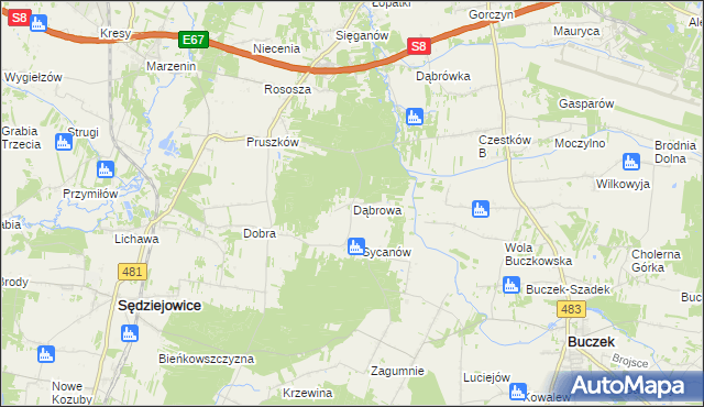 mapa Dąbrowa gmina Buczek, Dąbrowa gmina Buczek na mapie Targeo