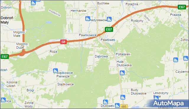 mapa Dąbrowa gmina Dłutów, Dąbrowa gmina Dłutów na mapie Targeo