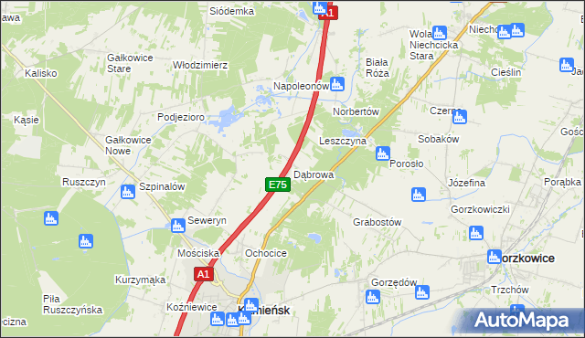 mapa Dąbrowa gmina Kamieńsk, Dąbrowa gmina Kamieńsk na mapie Targeo