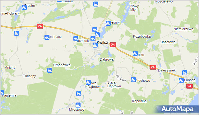 mapa Dąbrowa gmina Kwilcz, Dąbrowa gmina Kwilcz na mapie Targeo