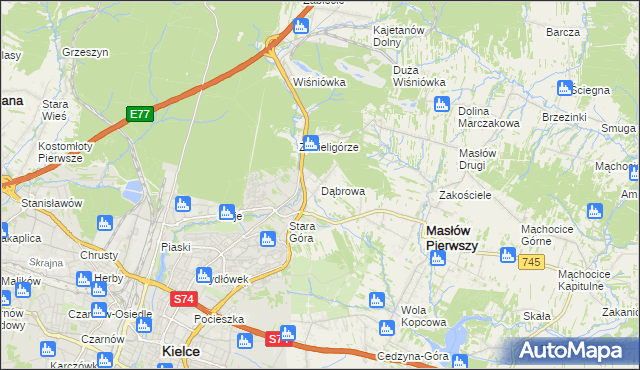 mapa Dąbrowa gmina Masłów, Dąbrowa gmina Masłów na mapie Targeo
