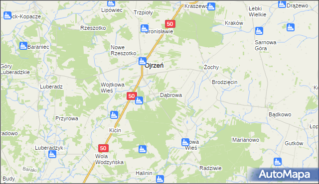 mapa Dąbrowa gmina Ojrzeń, Dąbrowa gmina Ojrzeń na mapie Targeo