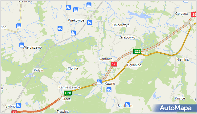 mapa Dąbrowa gmina Sianów, Dąbrowa gmina Sianów na mapie Targeo