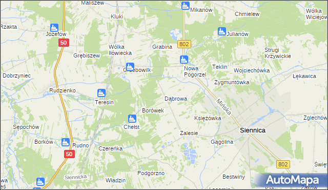 mapa Dąbrowa gmina Siennica, Dąbrowa gmina Siennica na mapie Targeo