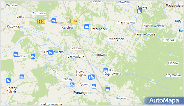 mapa Dąbrowica gmina Poświętne, Dąbrowica gmina Poświętne na mapie Targeo