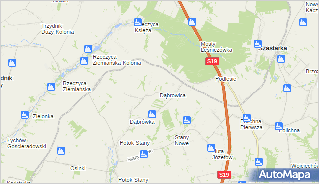 mapa Dąbrowica gmina Potok Wielki, Dąbrowica gmina Potok Wielki na mapie Targeo