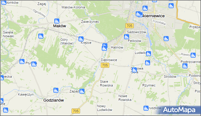mapa Dąbrowice gmina Maków, Dąbrowice gmina Maków na mapie Targeo