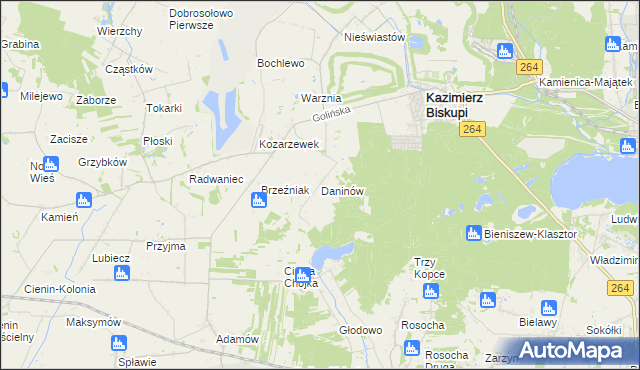 mapa Daninów gmina Kazimierz Biskupi, Daninów gmina Kazimierz Biskupi na mapie Targeo