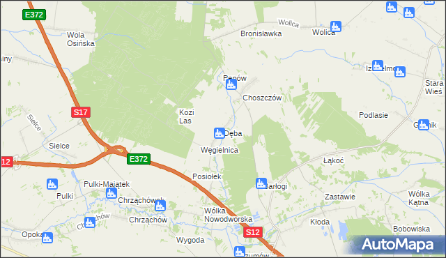 mapa Dęba gmina Kurów, Dęba gmina Kurów na mapie Targeo