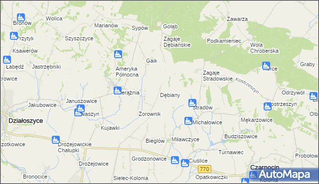 mapa Dębiany gmina Działoszyce, Dębiany gmina Działoszyce na mapie Targeo