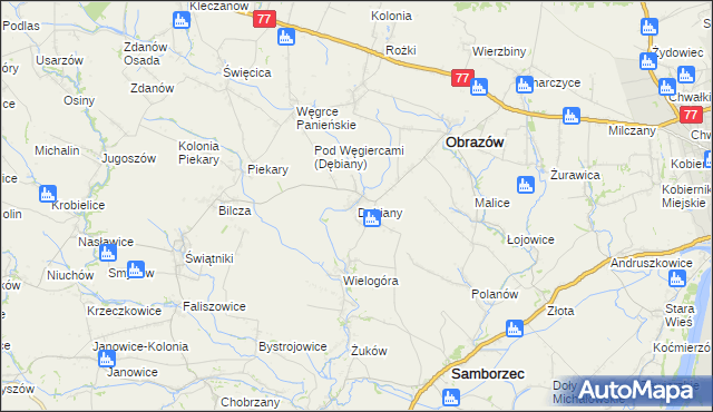 mapa Dębiany gmina Obrazów, Dębiany gmina Obrazów na mapie Targeo
