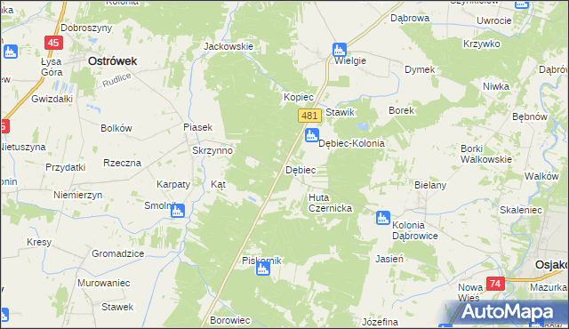 mapa Dębiec gmina Ostrówek, Dębiec gmina Ostrówek na mapie Targeo