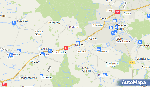 mapa Dębina gmina Gorzów Śląski, Dębina gmina Gorzów Śląski na mapie Targeo