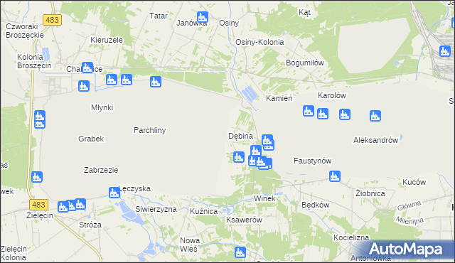 mapa Dębina gmina Kleszczów, Dębina gmina Kleszczów na mapie Targeo