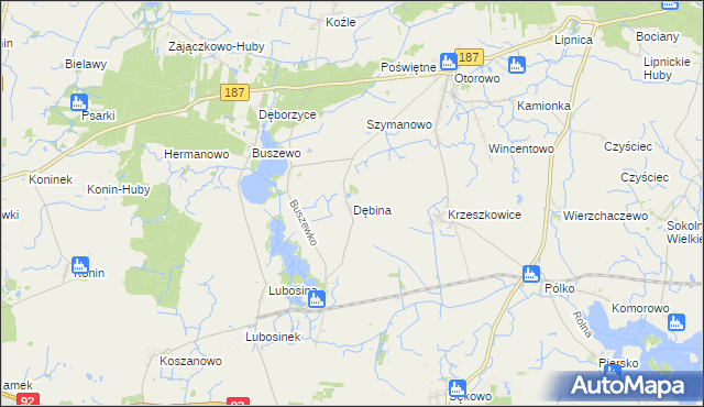 mapa Dębina gmina Pniewy, Dębina gmina Pniewy na mapie Targeo