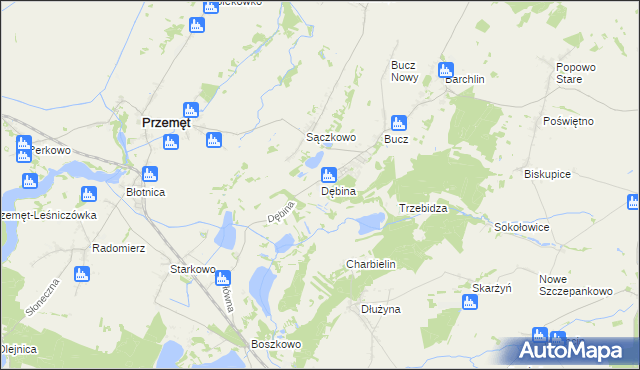 mapa Dębina gmina Przemęt, Dębina gmina Przemęt na mapie Targeo