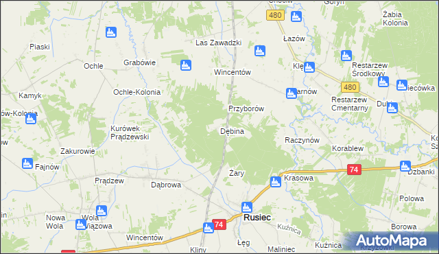 mapa Dębina gmina Rusiec, Dębina gmina Rusiec na mapie Targeo
