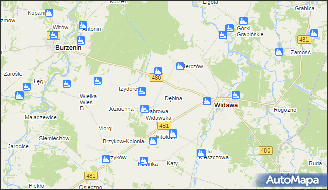 mapa Dębina gmina Widawa, Dębina gmina Widawa na mapie Targeo