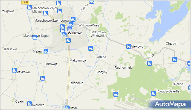 mapa Dębina gmina Witkowo, Dębina gmina Witkowo na mapie Targeo