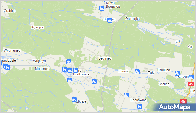 mapa Dębiniec gmina Murów, Dębiniec gmina Murów na mapie Targeo