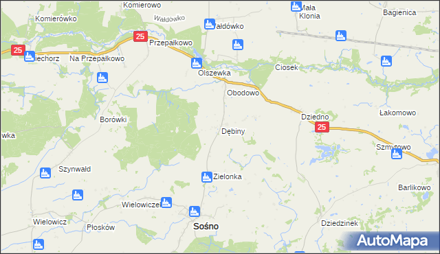 mapa Dębiny gmina Sośno, Dębiny gmina Sośno na mapie Targeo