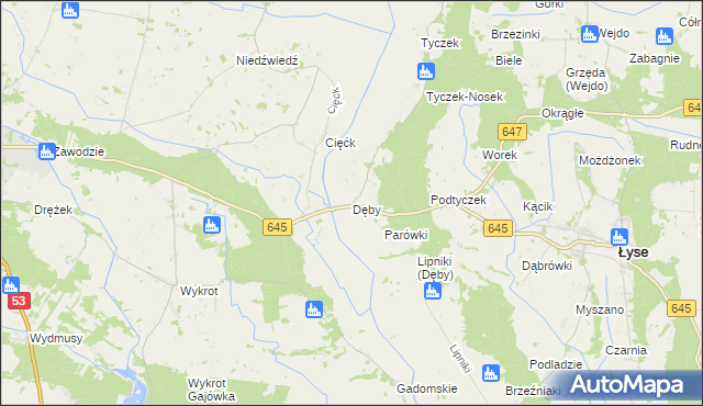 mapa Dęby gmina Łyse, Dęby gmina Łyse na mapie Targeo