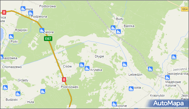 mapa Długie gmina Sztabin, Długie gmina Sztabin na mapie Targeo