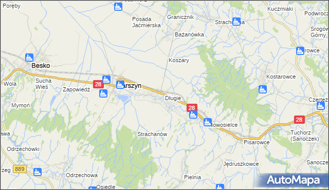 mapa Długie gmina Zarszyn, Długie gmina Zarszyn na mapie Targeo