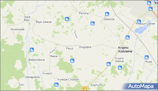mapa Długołęka gmina Krypno, Długołęka gmina Krypno na mapie Targeo