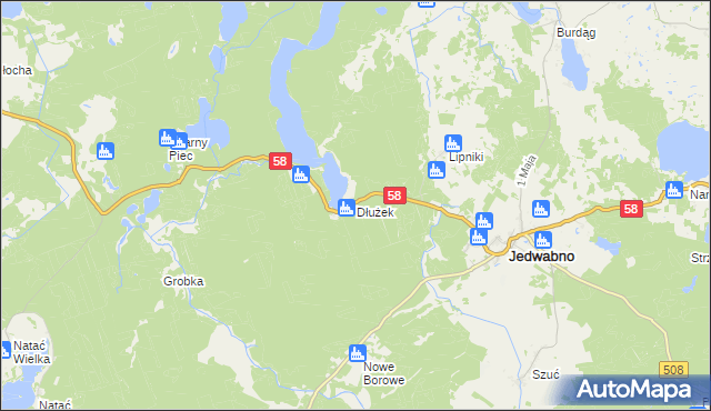 mapa Dłużek gmina Jedwabno, Dłużek gmina Jedwabno na mapie Targeo