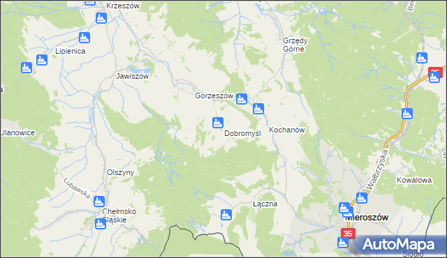mapa Dobromyśl gmina Kamienna Góra, Dobromyśl gmina Kamienna Góra na mapie Targeo