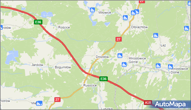 mapa Drozdów gmina Żary, Drozdów gmina Żary na mapie Targeo