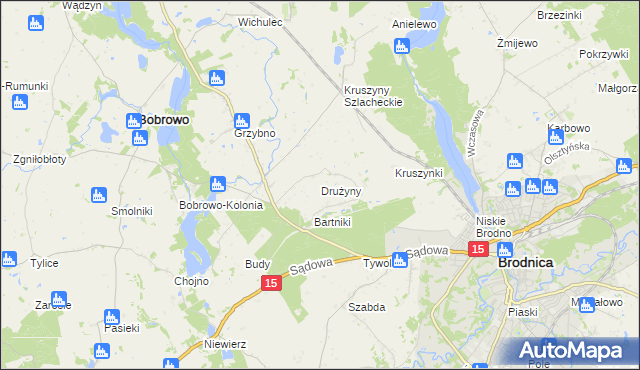 mapa Drużyny gmina Bobrowo, Drużyny gmina Bobrowo na mapie Targeo