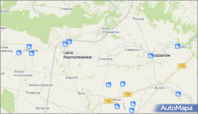 mapa Drzewce gmina Lipce Reymontowskie, Drzewce gmina Lipce Reymontowskie na mapie Targeo
