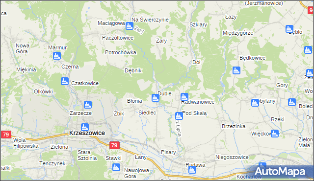 mapa Dubie gmina Krzeszowice, Dubie gmina Krzeszowice na mapie Targeo