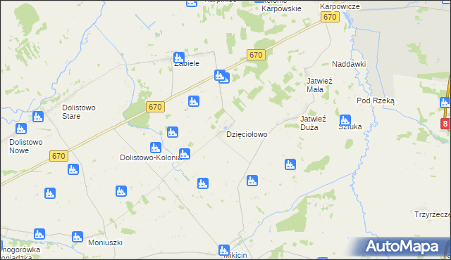 mapa Dzięciołowo gmina Jaświły, Dzięciołowo gmina Jaświły na mapie Targeo