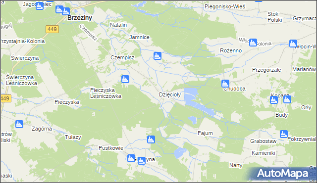 mapa Dzięcioły gmina Brzeziny, Dzięcioły gmina Brzeziny na mapie Targeo