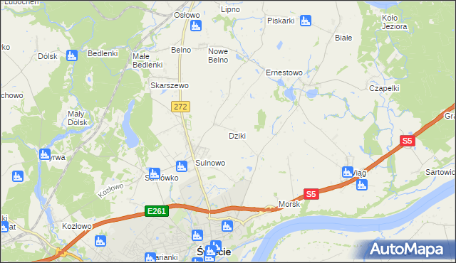 mapa Dziki gmina Świecie, Dziki gmina Świecie na mapie Targeo