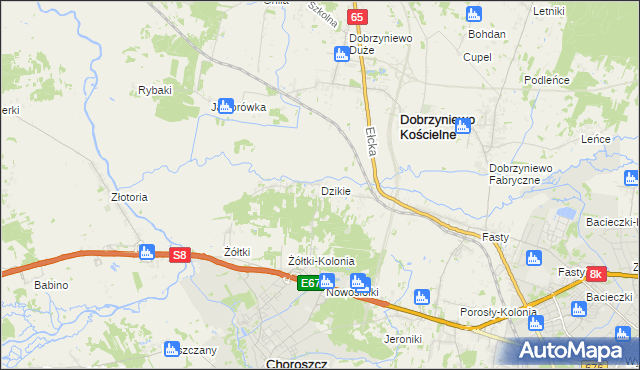 mapa Dzikie gmina Choroszcz, Dzikie gmina Choroszcz na mapie Targeo