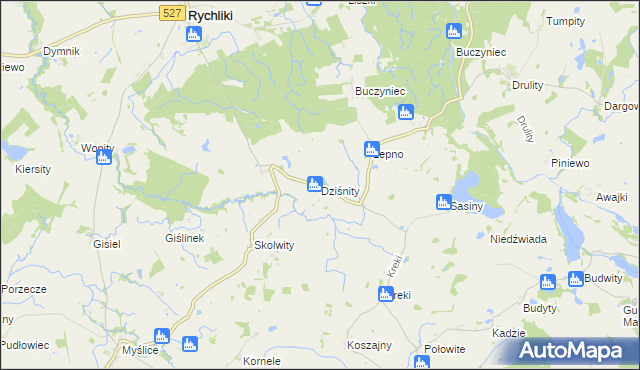 mapa Dziśnity gmina Rychliki, Dziśnity gmina Rychliki na mapie Targeo