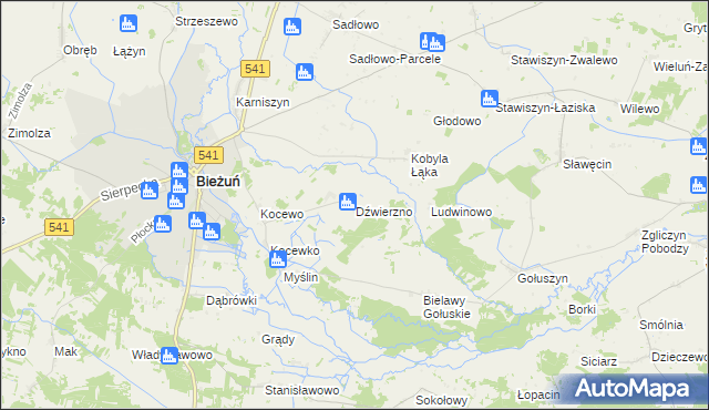 mapa Dźwierzno gmina Bieżuń, Dźwierzno gmina Bieżuń na mapie Targeo