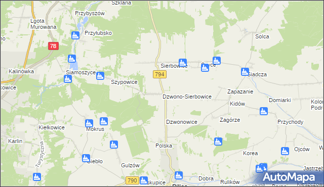 mapa Dzwono-Sierbowice, Dzwono-Sierbowice na mapie Targeo