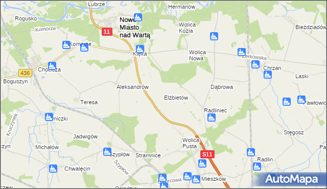 mapa Elżbietów gmina Nowe Miasto nad Wartą, Elżbietów gmina Nowe Miasto nad Wartą na mapie Targeo