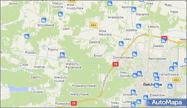 mapa Emilin gmina Bełchatów, Emilin gmina Bełchatów na mapie Targeo