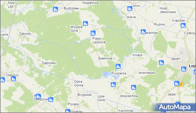 mapa Ewelinów gmina Łopuszno, Ewelinów gmina Łopuszno na mapie Targeo