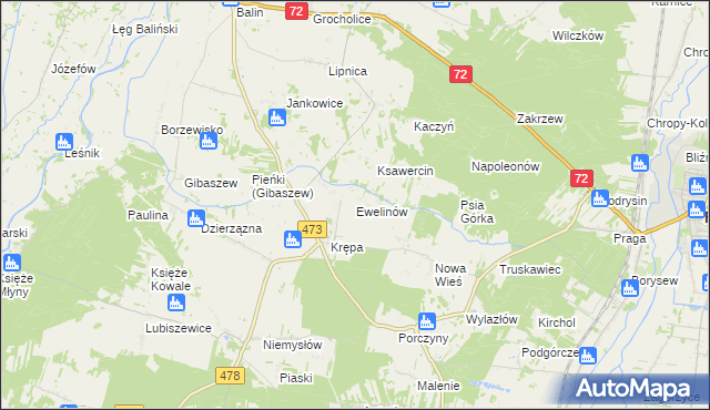 mapa Ewelinów gmina Poddębice, Ewelinów gmina Poddębice na mapie Targeo