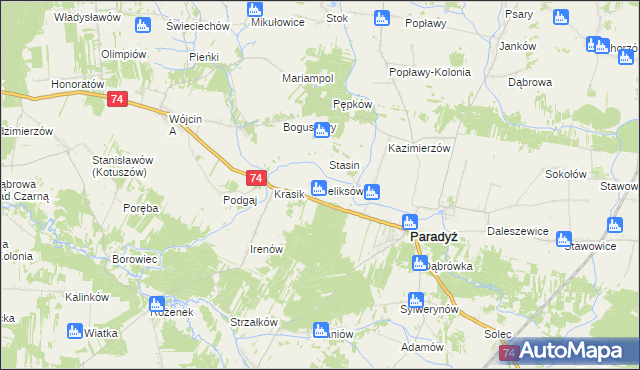 mapa Feliksów gmina Paradyż, Feliksów gmina Paradyż na mapie Targeo