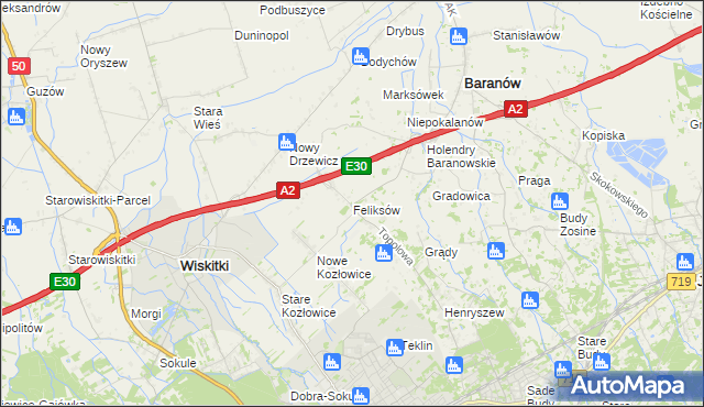 mapa Feliksów gmina Wiskitki, Feliksów gmina Wiskitki na mapie Targeo