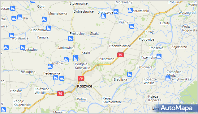 mapa Filipowice gmina Koszyce, Filipowice gmina Koszyce na mapie Targeo